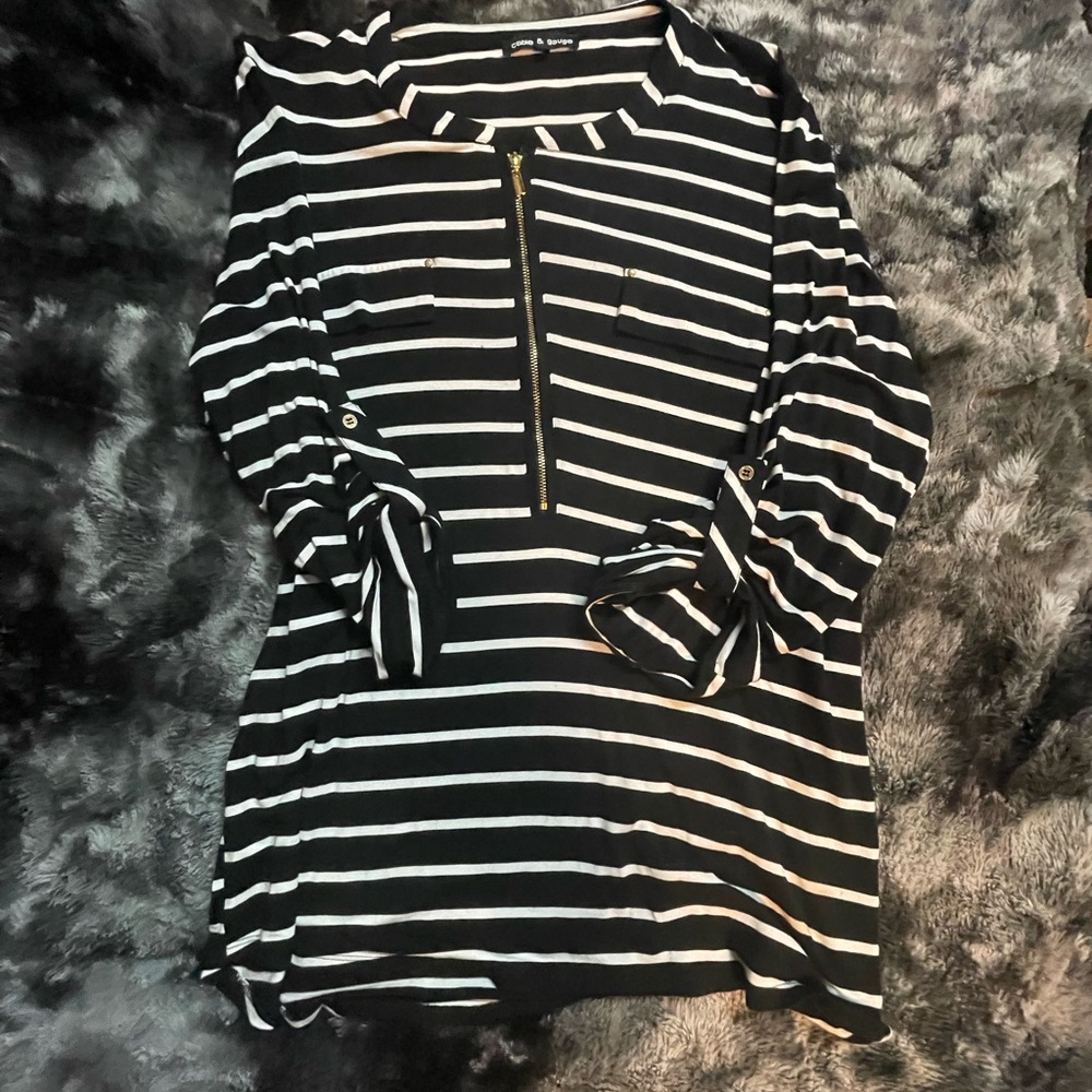 Cable & Gauge Black and White Striped Half Sleeve Blouse